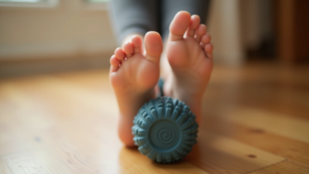 Close-up van voeten op massagebal voor zelfmassage, thuis op houten vloer