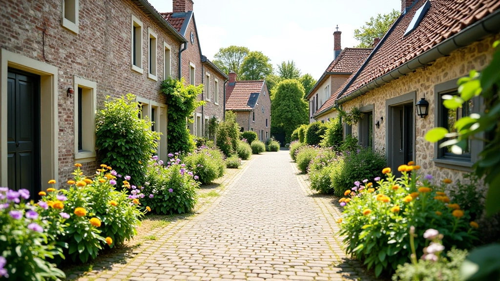 Pittoresk dorpsplein met oude stenen huizen, tuin met bloemen, traditionele architectuur, zonnig