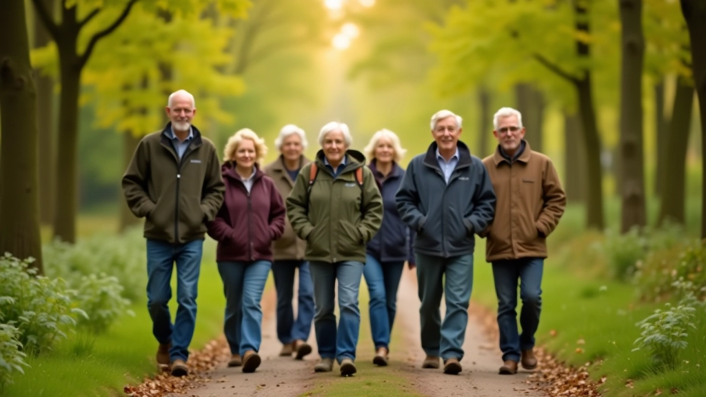 Groep actieve ouderen wandelt op zonnig bospad in Utrechtse Heuvelrug, groen landschap, herfstlicht