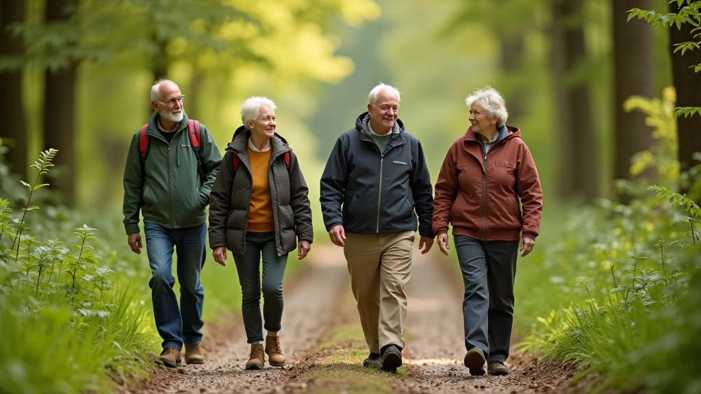 Wandelgroep op rustig bospad, diverse leeftijden die samen genieten