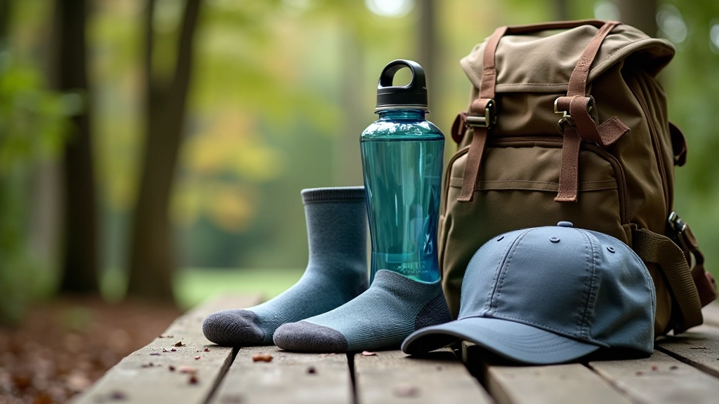 Wandelaccessoires netjes uitgestald: rugzak, waterfles, sokken, handschoenen, hoed