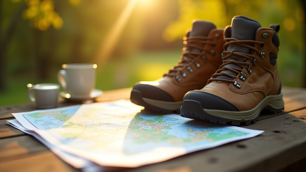 Wandelschoenen op houten oppervlak met wandelkaart ernaast, voorbereiding op wandeling
