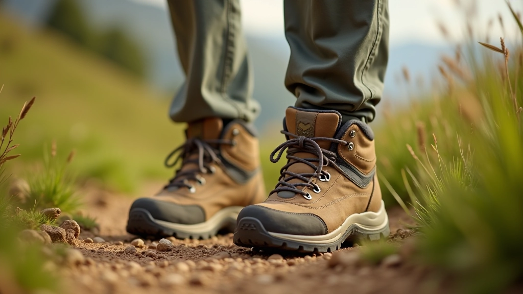 Close-up van wandelschoenen op bergpad, proper fitting demonstratie