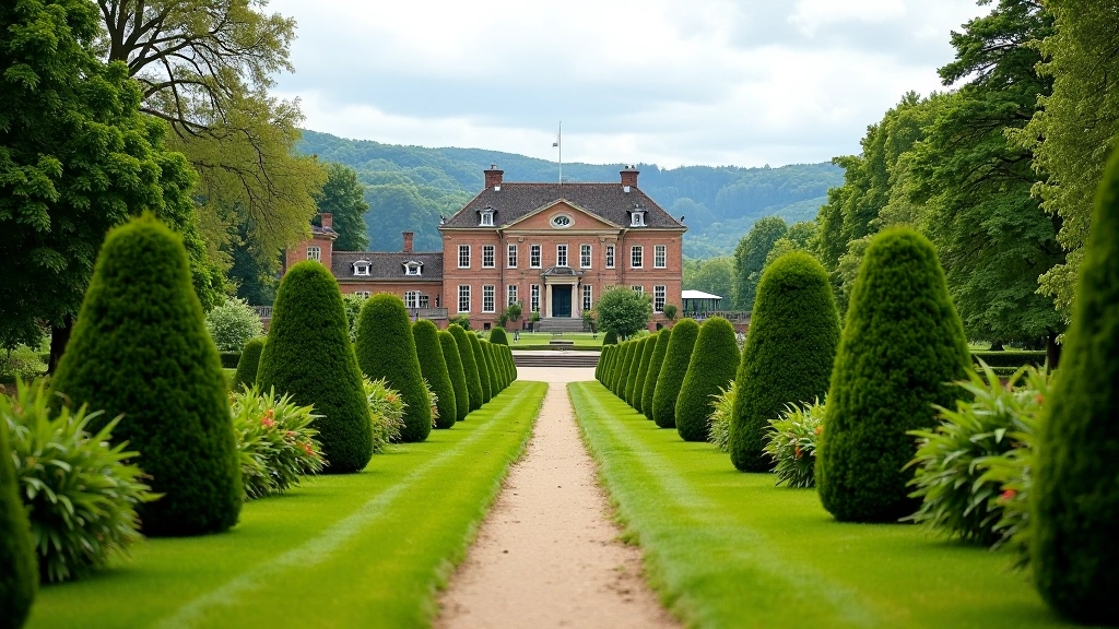 Uitzicht over landgoed met historisch landhuis, uitgestrekte tuinen, boomgaarden, groene heuvels op achtergrond
