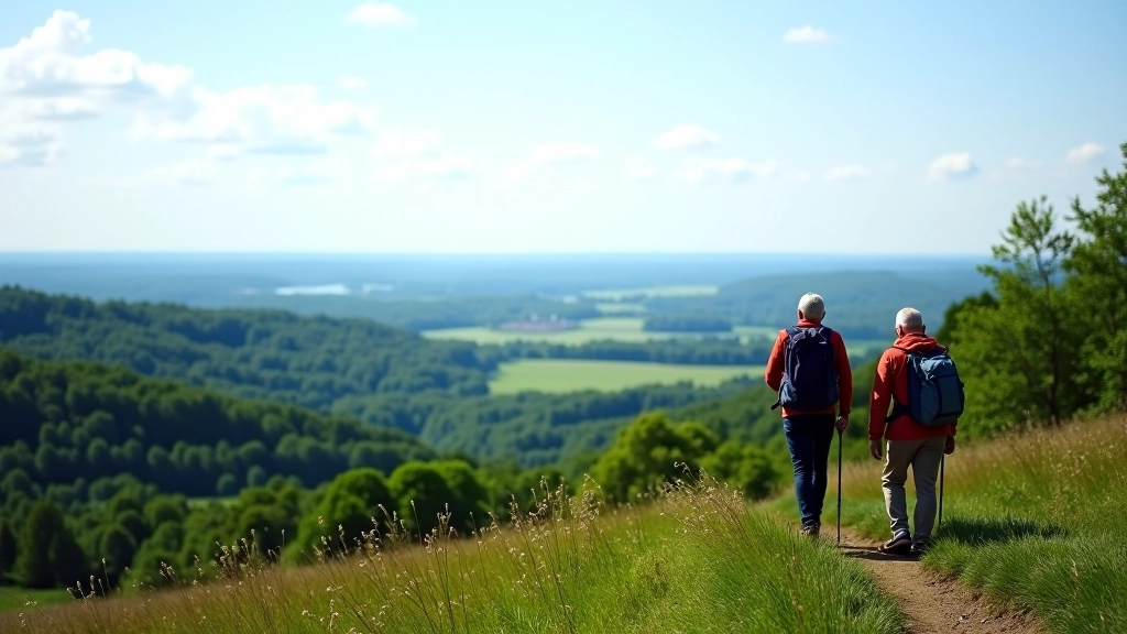 Panoramisch uitzicht vanaf heuvel over bossen en weilanden, heldere lucht, uitgestrekte zichtlijnen