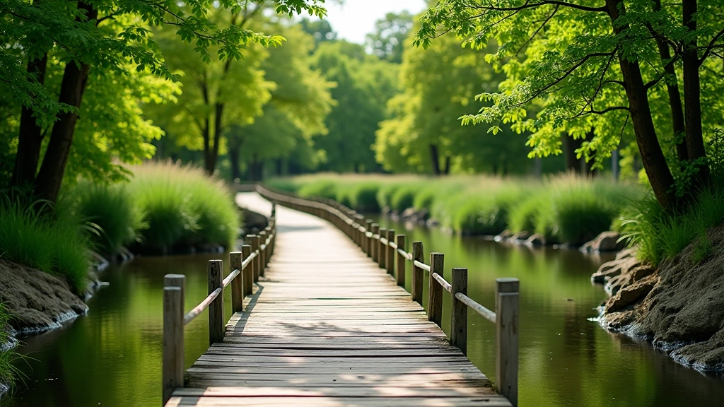 Wandelpaden langs de Kromme Rijn met natuurstenen brug over het water, groene oevers, zonnig weer