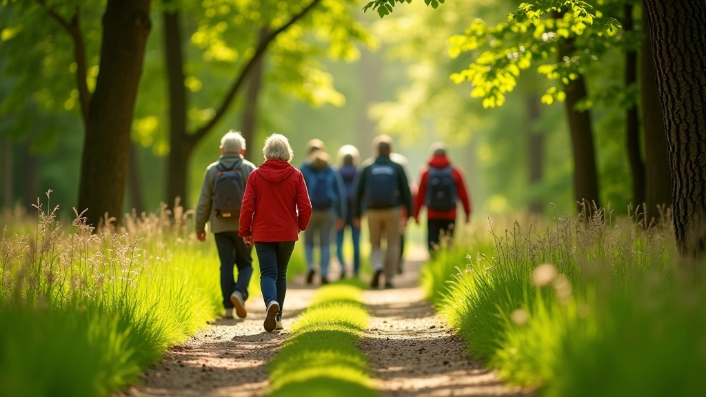 Groep ouderen wandelt door bos op zonnige dag, genieten van natuur in Utrechtse Heuvelrug