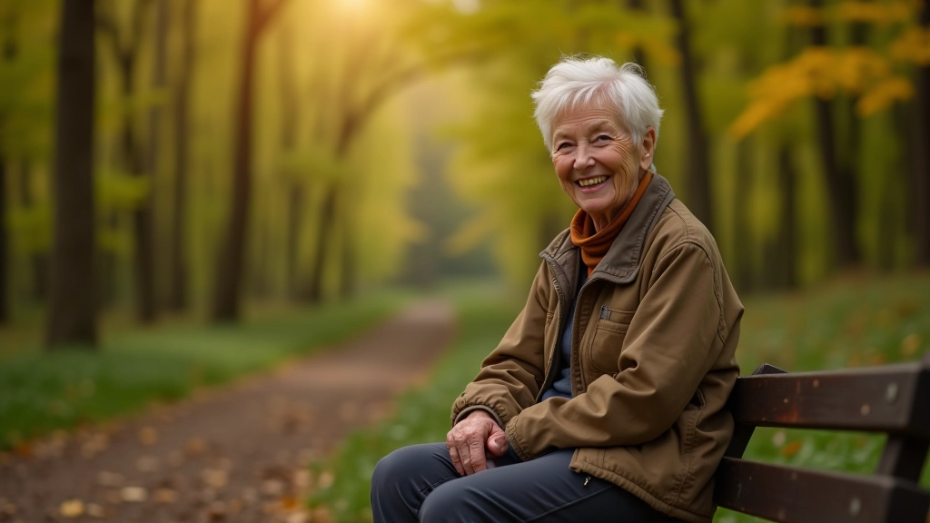 Oudere wandelaar rust uit op bankje langs bospad, geniet van uitzicht