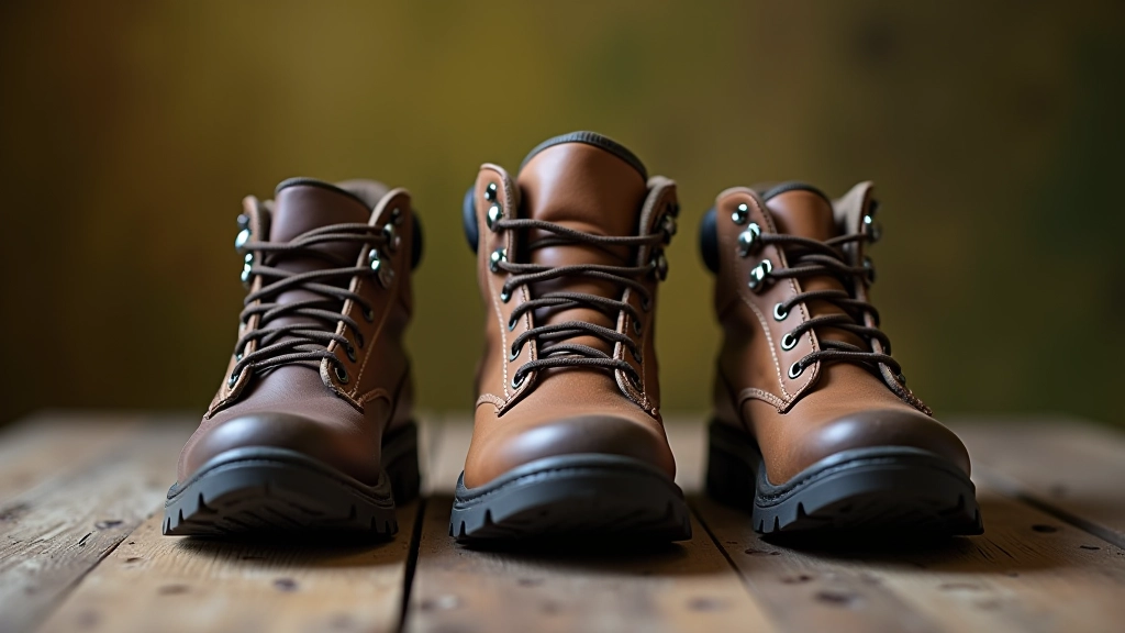 Close-up van verschillende wandelschoenen uitgestald op een houten tafel, goede ondersteuning zichtbaar