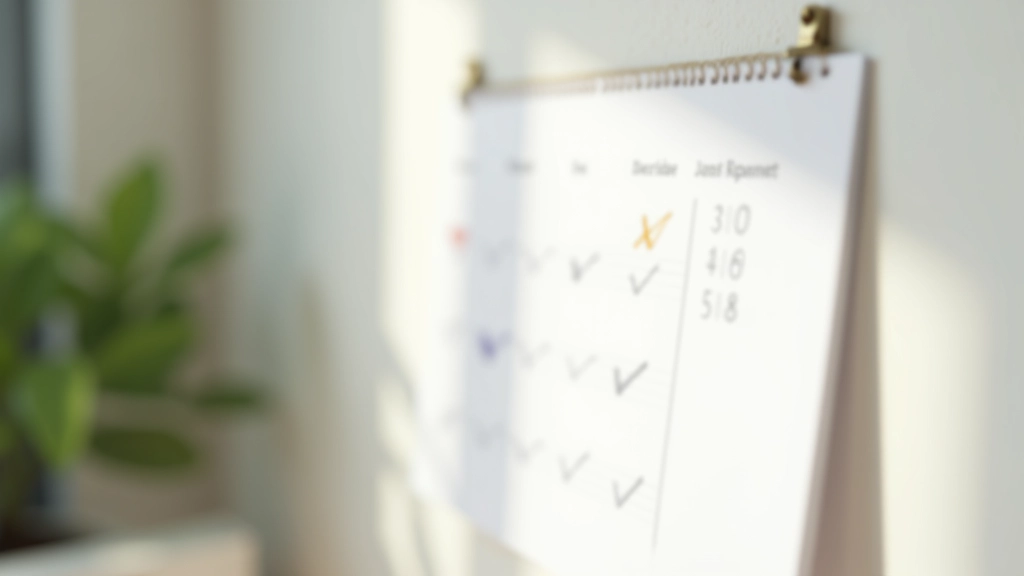 Kalender aan muur met vinkjes voor dagelijkse oefeningen, potlood ernaast