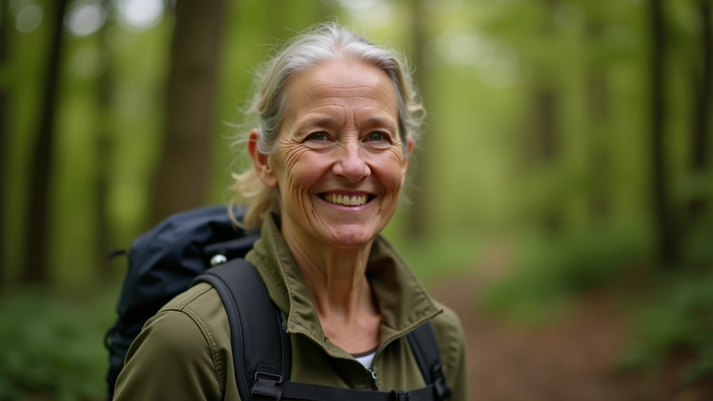 Wandelaar met goed zittende schoenen, glimlach op gezicht, klaar voor een wandeling door het bos